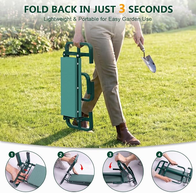 AUROPEAK 2-in-1 Garden Kneeler and Seat, Adjustable Garden Stool with Thickened Pad & Handles, 7-Level Height Adjustment, Foldable 420lbs with 2 Tool Bags for Seniors Gardening Outdoor Use