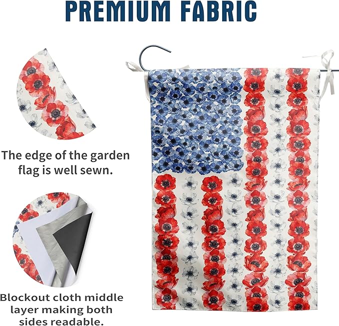 Patriotic Flower American House Flag 28 x 40 Double Sided Spring Summer Garden Decor 4th of July Memorial Independence Day Decorations Red White Blue Poppy Yard Banner for Outside