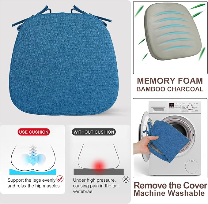 SINOSSO 4 Pack Memory Foam Chair Cushions for Dining Chairs, Friendly Woven Fabric 16" U-Shape Comfortable Kitchen Chair Pads, Removable Slip Resistant Seat Cushions (Set of 4, Blue)
