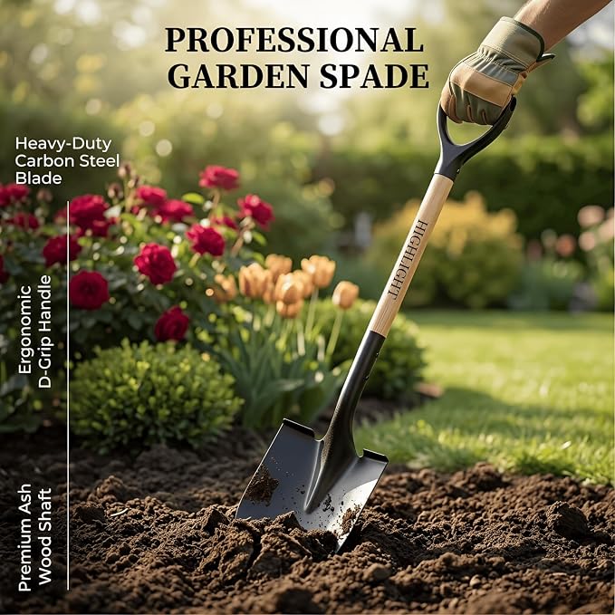 Heavy Duty Garden Shovel for Digging, 41 Inch Round Point with D-Handle, Cold Rolled Steel Blade - for Edging, Trenching, Transplanting, Snow Removal - Wood Handle for Camping, Beach, Car Emergency