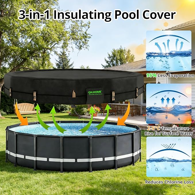 QH.HOME 550D 14 ft Pool Cover Round[Upgraded Tear Resistant & Quadruple Windproof] wth Pre-Installed Patented Winch and Rope, Pool Covers for Above Ground Pools-Snug Fit & Waterproof Protection