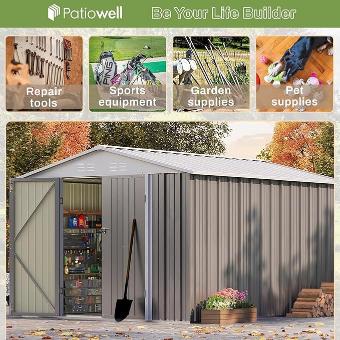 Patiowell 8x10 FT Outdoor Storage Shed, Large Garden Tool Metal Shed with Sloping Roof and Lockable Door, Outside Sheds for Backyard Garden Patio Lawn, Gray