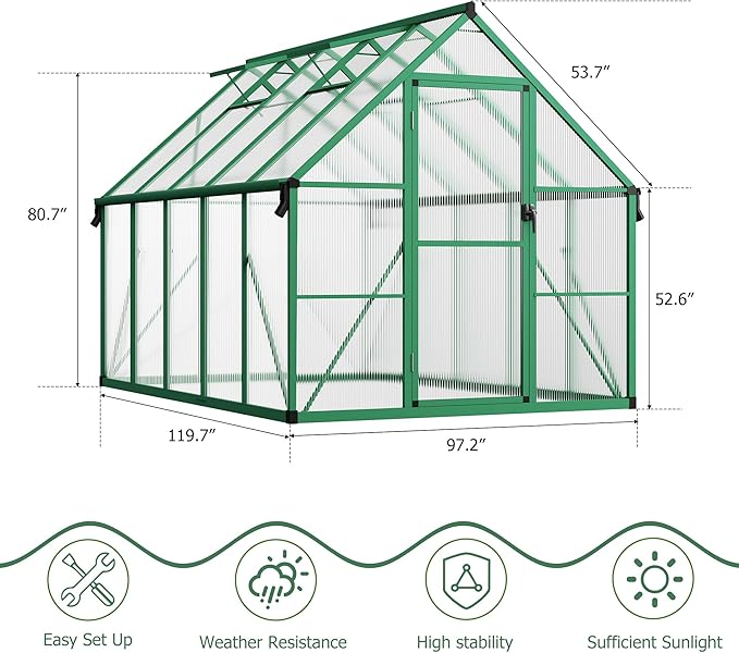 CABIHOME 8x10 FT Outdoor Greenhouse, Polycarbonate Greenhouse with Roof Vent and Ground Nails, Aluminum Large Walk-in Green House w/Lockable Push Door for Outside Garden Backyard (Green, 8x10 FT)