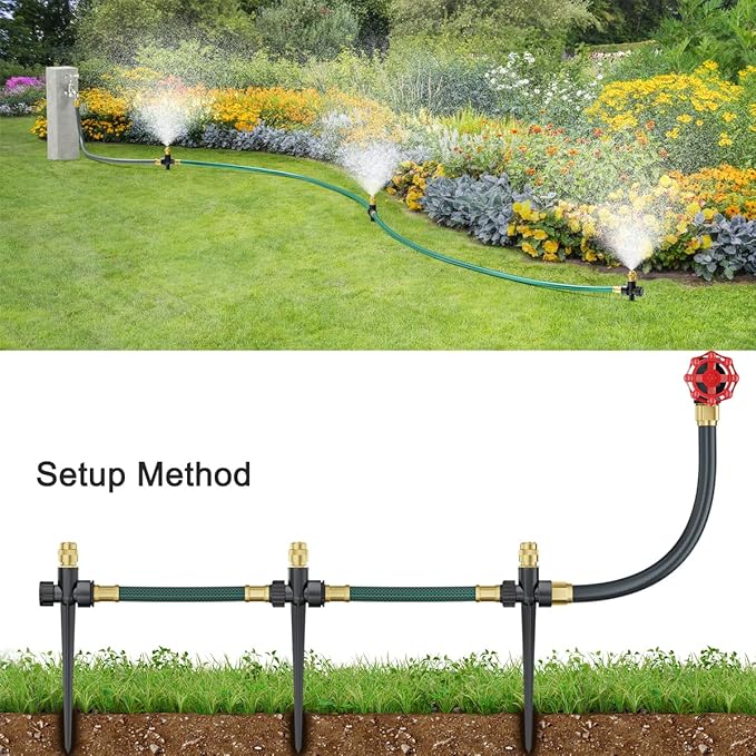 FANHAO Above Ground Irrigation Garden Sprinkler System, Metal Adjustable Garden Sprinkler Set, 360 Degree Large Area Coverage Irrigation Kit for Lawn, Patio, Flower Bed & Garden
