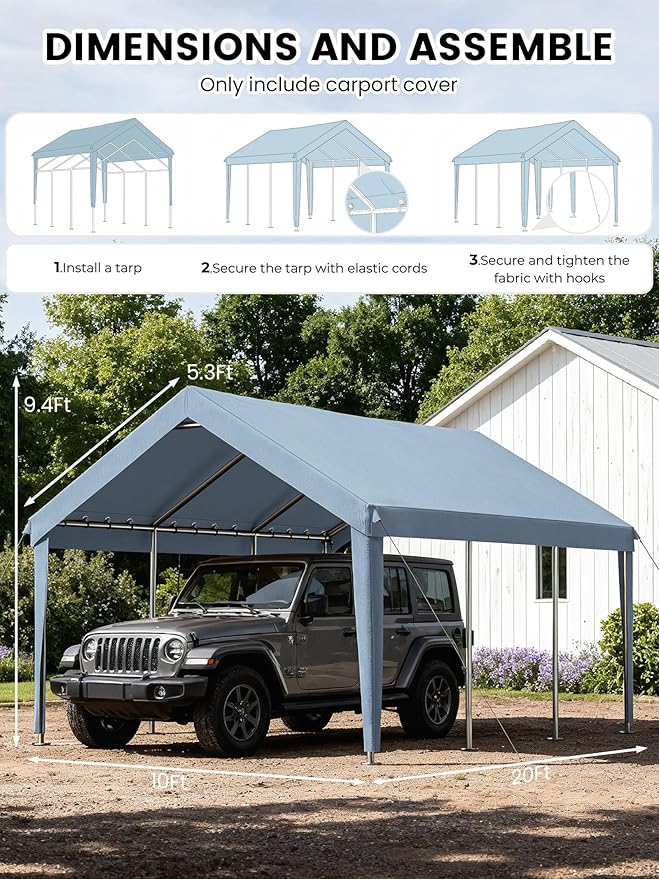 10 x 20 Ft Carport Replacement Cover, Heavy Duty Outdoor Car Tarp Canopy, Waterproof & UV Protected Tear Oxford Tarp with Ball Bungees (Frame is Not Included)