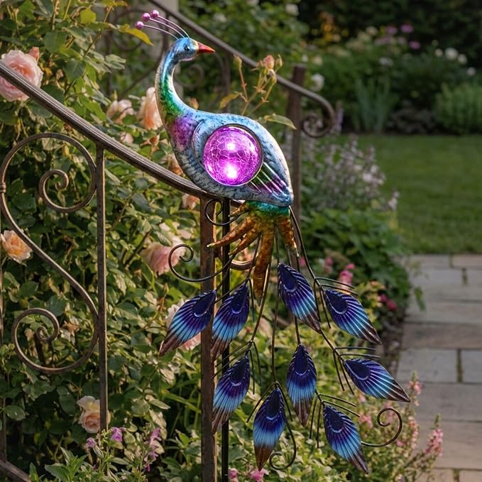 TERESA'S COLLECTIONS Yard Decorations Outdoor & Garden Decor for Outside, Peacock Solar Outdoor Lights, Metal Lawn Ornaments with Crackle Glass Ball, Decorative Stake Gifts for Mom,33''