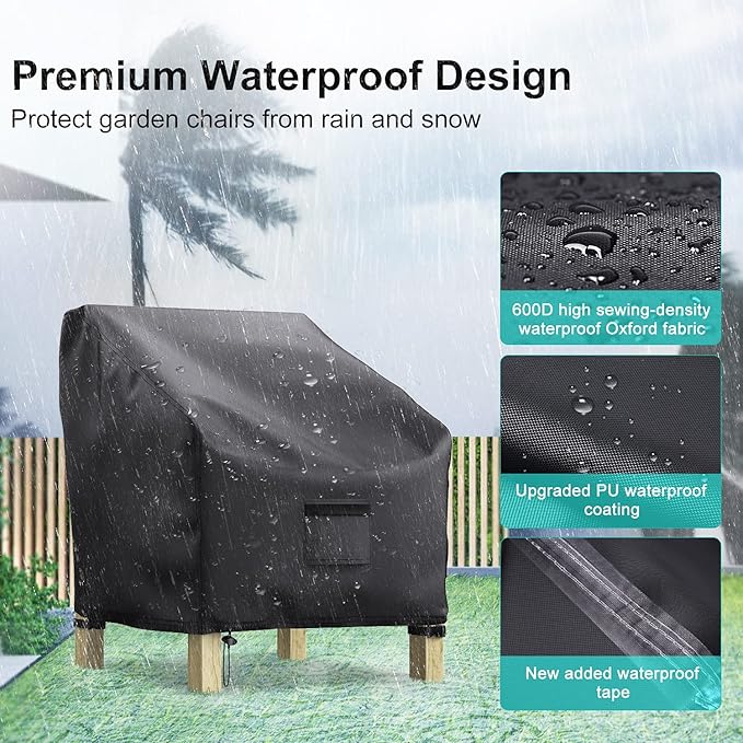 Patio Chair Covers for Outdoor Furniture Waterproof 2 Pack, Lawn Chair Covers 600D Heavy Duty Oxford Cloth, Large Covers for Lounge Lawn Deep Seat Black 38" W x 31" D x 29" H