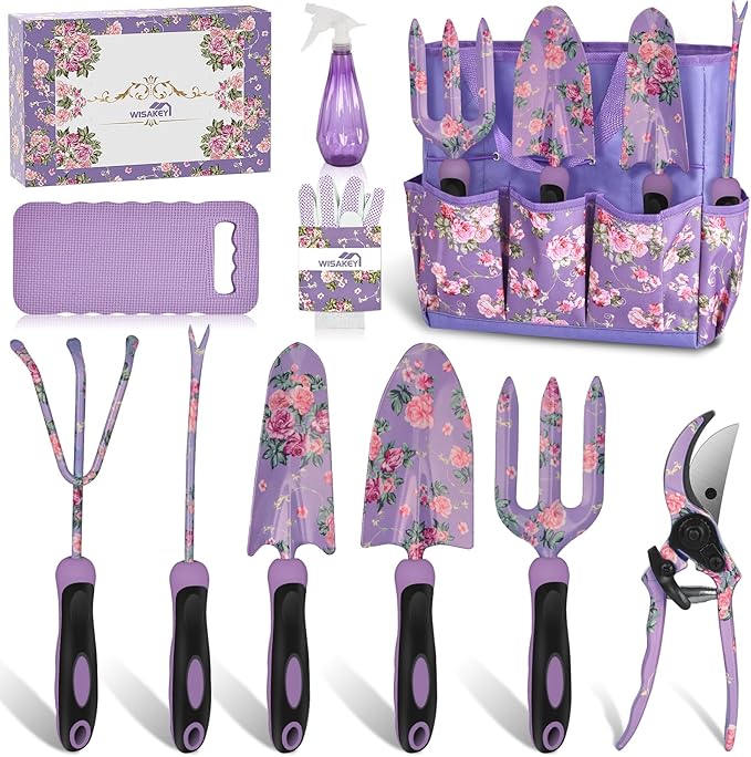 Gardening Tools, WisaKey 10 Piece Heavy Duty Purple Garden Tool Set Durable Garden Supplies Organizer Bag Garden Hand Tools Grandmother Granny for Woman