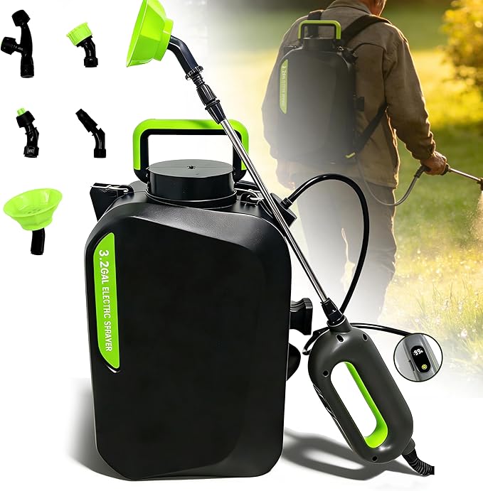 3.2 Gallon Battery Powered Sprayer, Covers 6,000+ Sq Ft per Tank – Electric Sprayer with 5 Interchangeable Nozzles, Handle with 2-Speed Control & Digital Display, for Lawn, Garden & Outdoor Cleaning