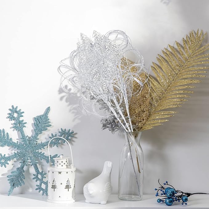 Yinder 18.5'' Glitter Curly Christmas Spray Wispy Christmas Picks Artificial Curly Twigs Branches for Vases Glitter Branches for Xmas Tree Vases Wreath Garland Banquet Decoration, 5 Pieces(Silver)