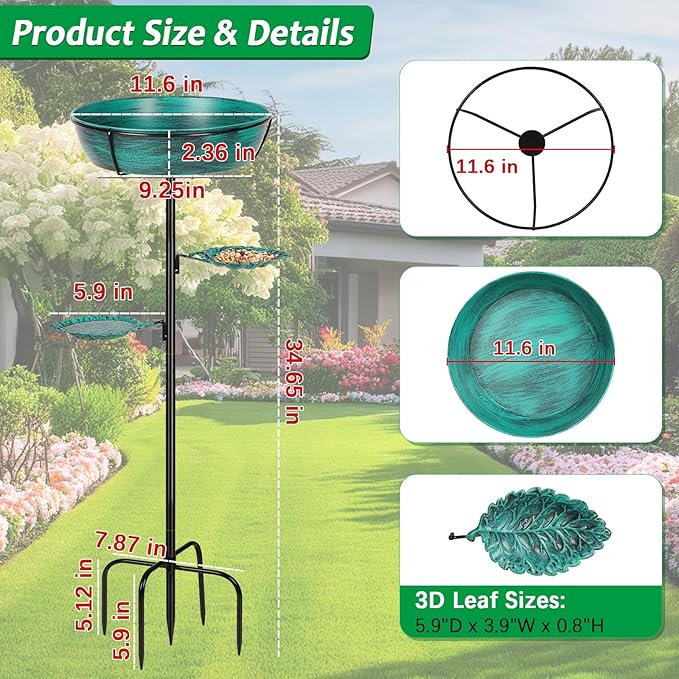 Metal Bird Bath for Outdoor - Garden Bird Bath with Removable Bowl Heavy-Duty Base, Winter Birdbath Feeder Rust-Proof Birdbaths for Garden Yard Lawn Decor, Easy to Install(Green)