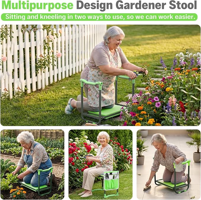 Garden Kneeler and Seat Heavy Duty, Foldable Gardening Stool Bench with Widened Thick Soft Kneeling Pad and Tool Pouches - 2-in-1 Portable Kneeling Device for Seniors (Green)