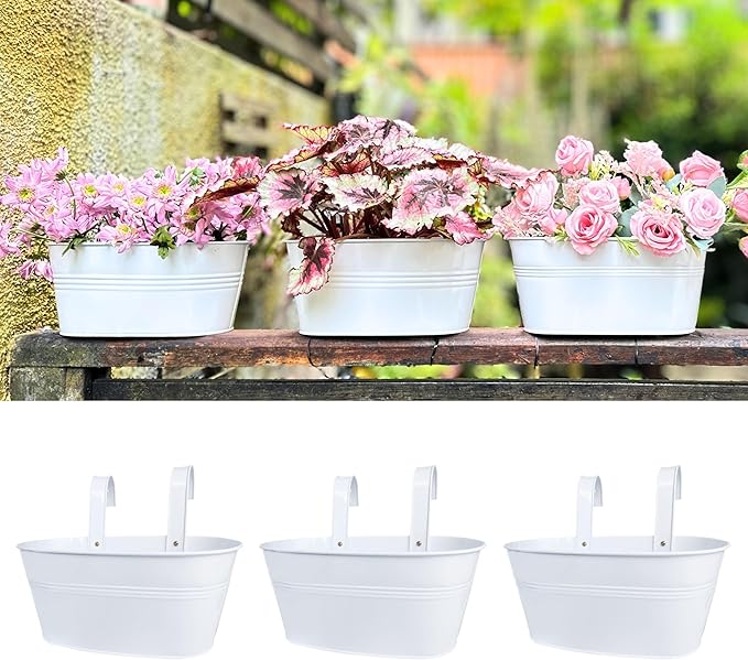 LaLaGreen Outdoor Plants Rail Planter (11.2 Inch, 3 Pack) White Metal Iron Hanging Flower Pots Deck Railings Fence Balcony Modern Boho Style Wall Mount Window Box Plant Holder Hooks Porch Home Décor