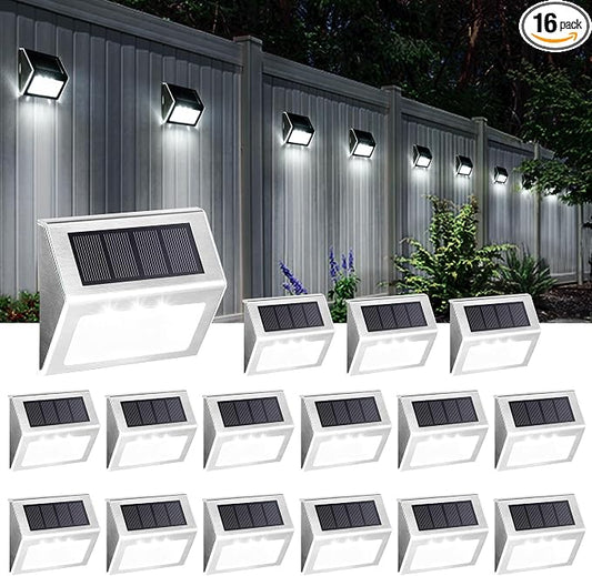 SOLPEX Solar Step Lights, 16 Pack Stair Lights, Outdoor Fence Lighting, Solar Powered Deck Lights Waterproof 4 LEDs for Stairway Patio Porch Pathway Walkway Garden (Cold White)