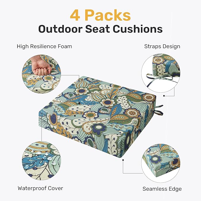 UNIKOME Outdoor Chair Cushions Pack of 4, Water Resistant Patio Cushions with Ties, High Density Sponge Filling Square Corner Seat Cushions for Outdoor Furniture, 19"*19"*3", Sun Flower