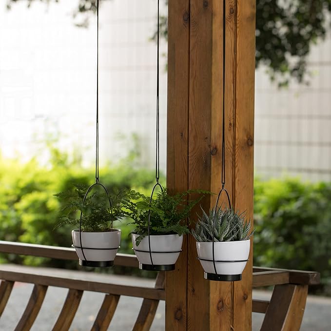 Gardenised Decorative Metal Hanging Planter with Tree Pots for Flowers, White and Black - Small
