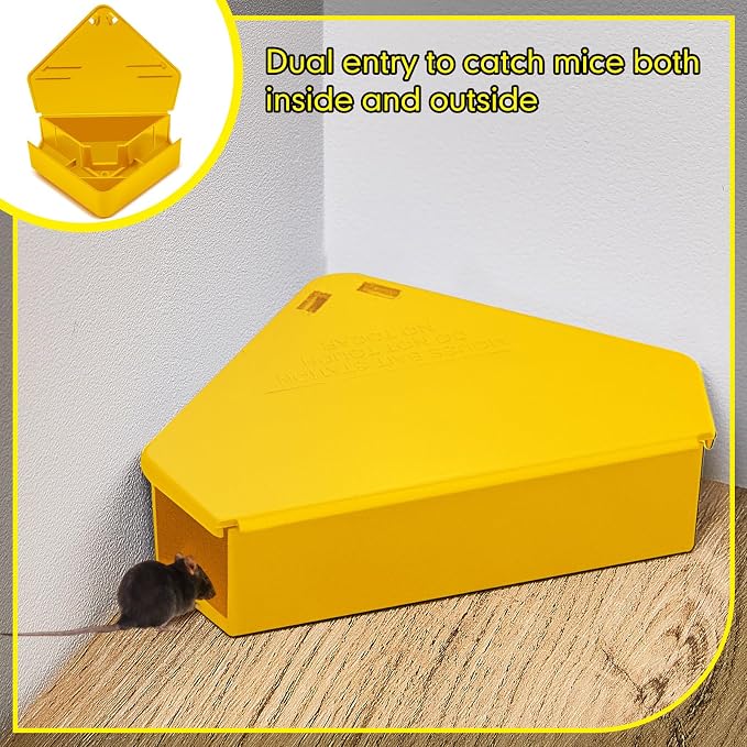 Qualirey 36 Pcs Mice Station with Key Triangle Mouse Station Lockable Reusable Bait Box, Enclosed Design for Indoor and Outdoor Use, Suitable for Small Mice (Yellow)