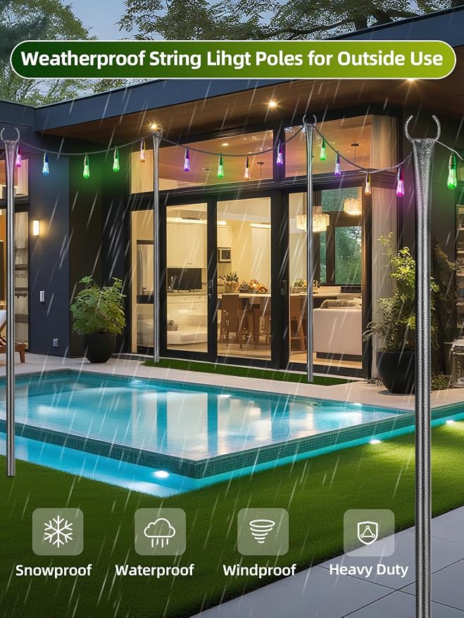 String Light Poles, 4 Pack 10ft Outdoor String Light Poles for Outside and Deck - Ideal for Patio, Garden, Yard, Front Porch Decorations, Frosted Silver
