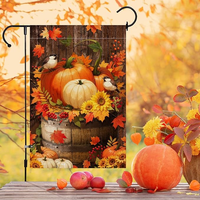 Lighted Pumpkin Fall Garden Flag 12 x 18 Inch Double Sided Burlap Led Autumn Watercolor Bird Garden Flag for Party Yard Outdoor Decoration