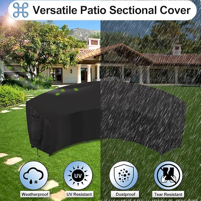 OutdoorLines Waterproof Curved Outdoor Sectional Cover - UV Resistant Windproof Patio Sectional Sofa Covers for Deck, Lawn and Backyard, Heavy Duty Furniture Covers (150Lx36Dx38Hx112FL, Black)