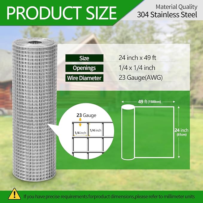 304 Stainless Steel Hardware Cloth 1/4" Large Size 23 GA 24in×49ft Roll | stainless hardware cloth 304 rust resistant heavy duty easy to cut