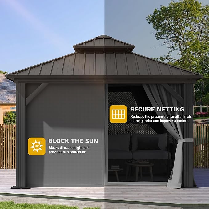 DWVO 10x10ft Hardtop Gazebo Double Roof Hardtop with Nettings and Curtains, Heavy Duty Aluminum Frame Galvanized Steel Outdoor for Patio, Backyard, Deck, Lawns, Grey
