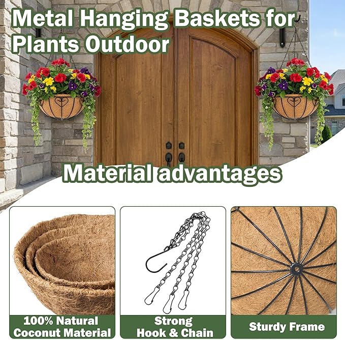 4 Pack 14 Inch Hanging Metal Planters for Outdoor Plants, Modern Black Solid Rectangular Hanging Baskets with Coco Coir Liner