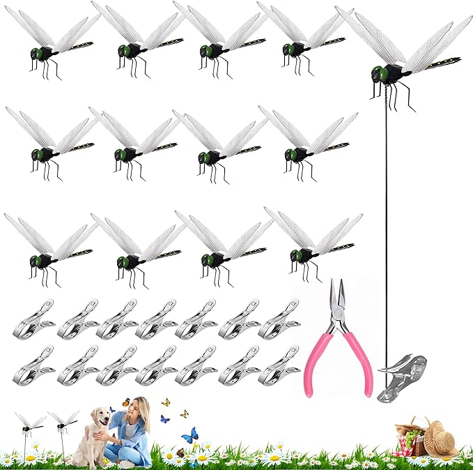 16Pcs Dragonfly Clip, Black DIY Dragon Fly Clips, Fake Dragonfly Garden Outdoor Decor, Plastic Dragon Fly Plant Pot Decorations with Pliers & Clips-Large