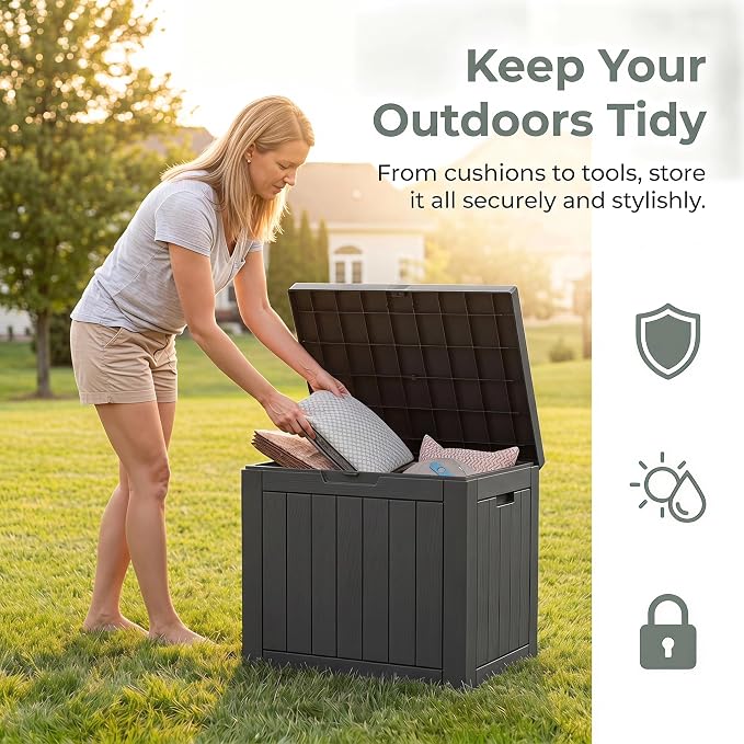 NicBex 30 Gallon Deck Box, Waterproof Resin Outdoor Storage Box Lockable for Patio Furniture, Fade Resistant Patio Side Table & Organizer for Garden Tools, Pool Floats, Outdoor Cushions, Black