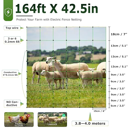 Electric Fence Netting, 164'L x 42.5" H Electric Fence Kit for Livestock, Goat, 14 Posts Double Spiked Portable Electric Poultry Farm Fence