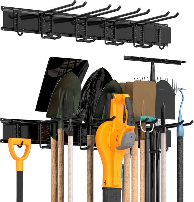 Sttoraboks Garage Tool Storage Rack, Heavy Duty Garage Storage Organizer Rack System Wall Mounted Tool with 6 double hooks, 2 rails, Garden Yard Tools Hanger Rack for Ski Gears, Broom, Rake,Shovel