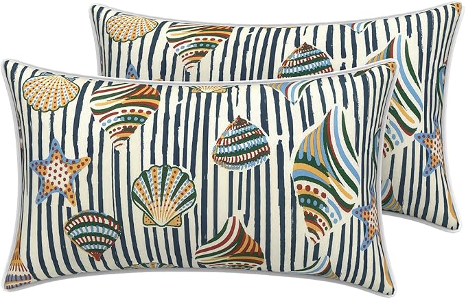 LVTXIII 2 Pack Outdoor Lumbar Pillow Covers 12x20 Inch with Piping, Water-Repellent Back Cushion Covers ONLY for Patio Furniture, Sofa, Garden Bench, Cabana Shells