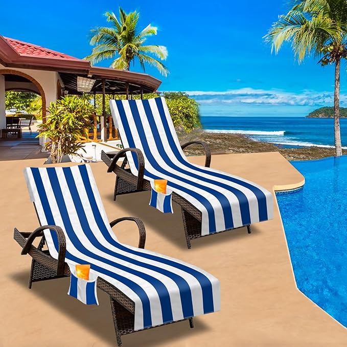 Lounge Chair Towel Cover, Beach Chair Cover (Pack of 2), Pool Lounge Chair Covers for Outdoor,Garden, Beach,Sun Lounger,Hotel Pool, 85" X 30"Large Size and No Sliding, Royal Blue Stripe