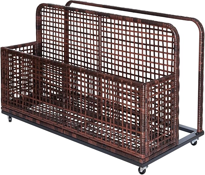 Garvee Pool Float Storage Organizer with Wheels, Outdoor Wicker Pool Storage Bin for Floats & Toys, Rolling Poolside Storage Rack for Patio Backyard Deck Box