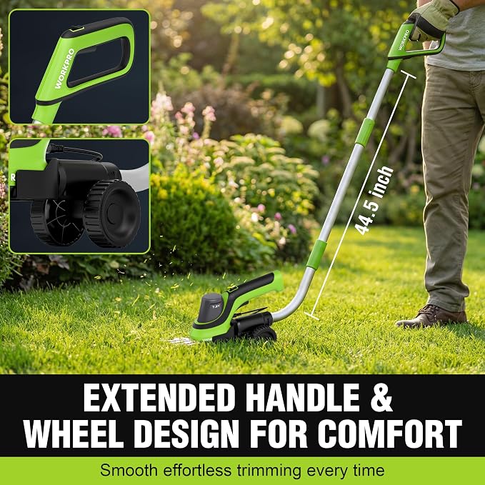 WORKPRO 7.2V Handheld Grass Trimmer, 2-in-1 Cordless Hedge Trimmer & Grass Shears with 44.5” Wheeled Extension Pole, 2Ah Battery, Shrub Trimmer for Lawn Edging, Garden, Yard & Hedge Trimming