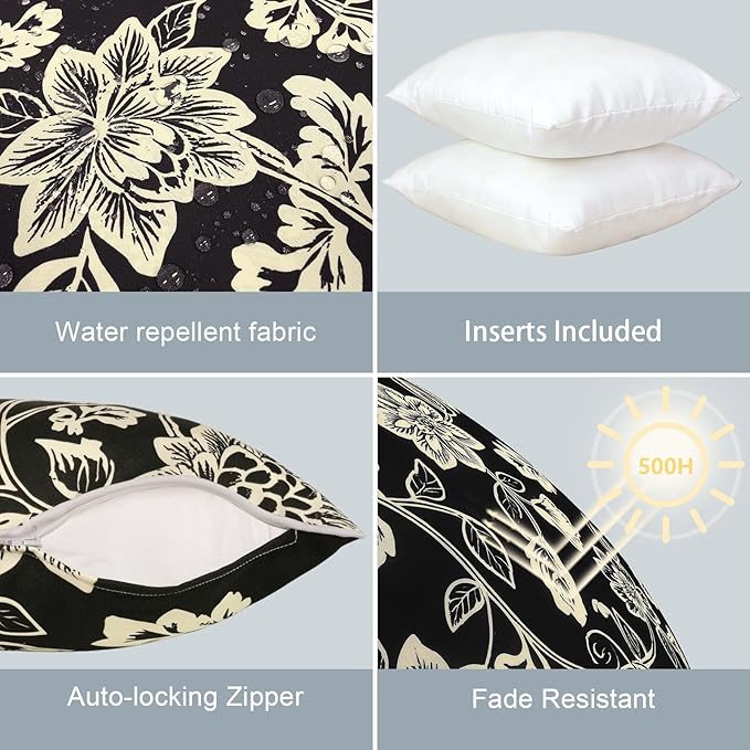 LVTXIII Outdoor Throw Pillows 20x20 Patio Waterproof Square Pillows with Piping Fade Resistant Accent Pillow for Spring Summer Garden Decoration, Set of 2, Elegant Vines Black