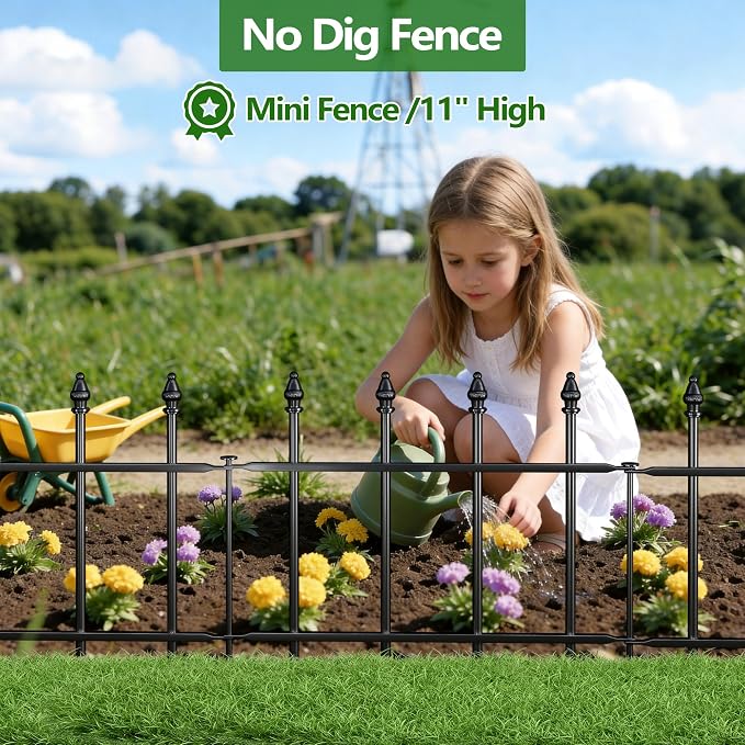Decorative Metal Garden Fence，(5 Panels+ 6 Posts),Total Iength 7 ft(W) x 11 in(H), Small Metal Border Fence, Classic Roman Column Decoration, Garden and Lawn Landscape Fence, Black Animal Fence