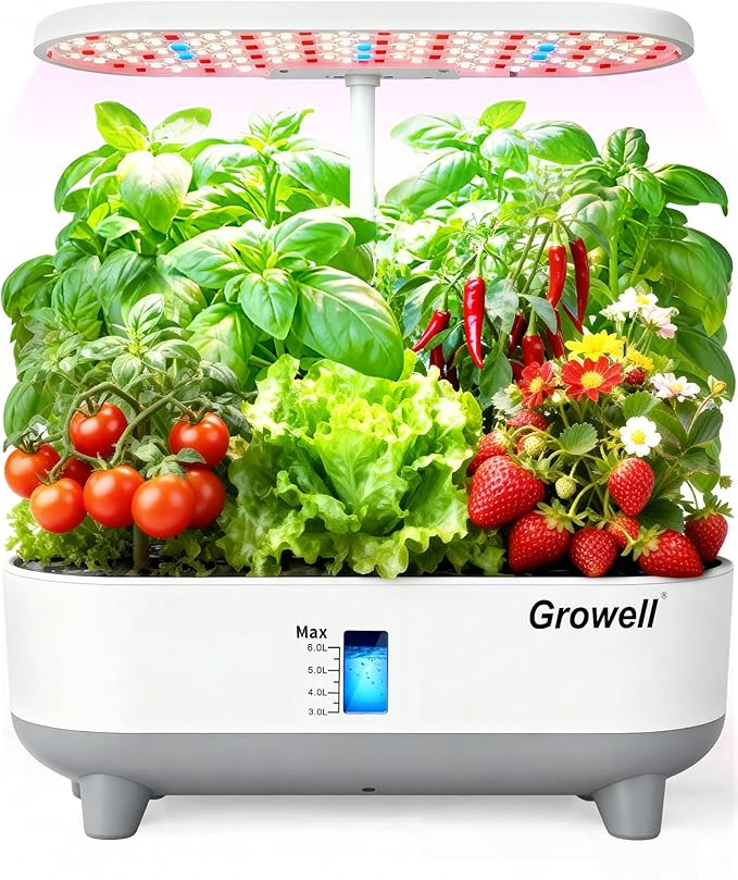 Growell Hydroponics Growing System Kit, 16 Pods, Vertical 8L Indoor Gardening System for Herb Vegetable Fruit, Hydro Garden with LED Grow Light, Smart Water Circulation, 3 Light Modes & 2 Timer, White