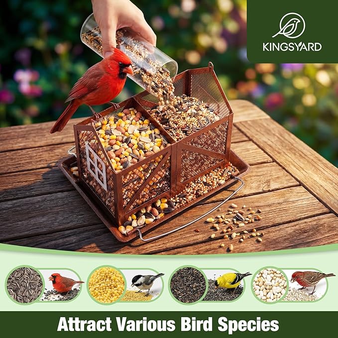 Kingsyard Metal Bird Feeder for Outdoors Hanging, 2-in-1 Wild Bird Feeder with Seed Tray & Built-in Perch, 5 lb Large Capacity for Cardinal Chickadee Finch, Bronze