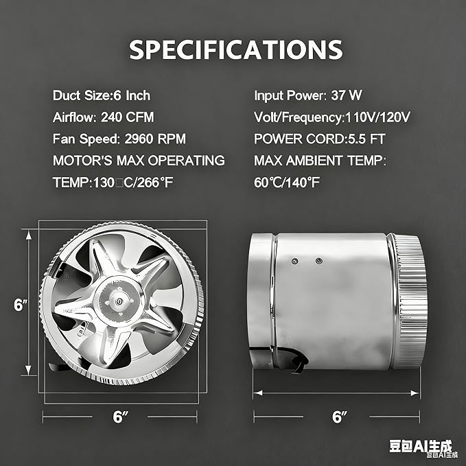SunStream 6 Inch 240 CFM Inline Booster Duct Fan Ventilation HVAC Exhaust Fan with Low Noise for Basements, Bathrooms, Kitchens and Workshops