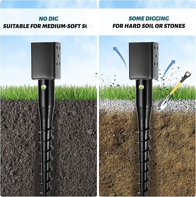 No Dig Ground Screw Anchor - Black Post Stake for 4x4 Wood Posts, Includes Lag Bolts & 27" Rebar, for Mailbox Posts and Fence Posts Anchor, 1 Pack