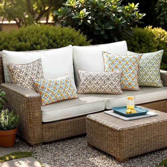 ANRODUO Floral Outdoor Pillow Covers 16x16 Waterproof Set of 2 Block Print Accent Decorative Cushion Cases with Refined Edge Piping for Spring Patio Porch Garden Couch Sofa Bench Decor Brown