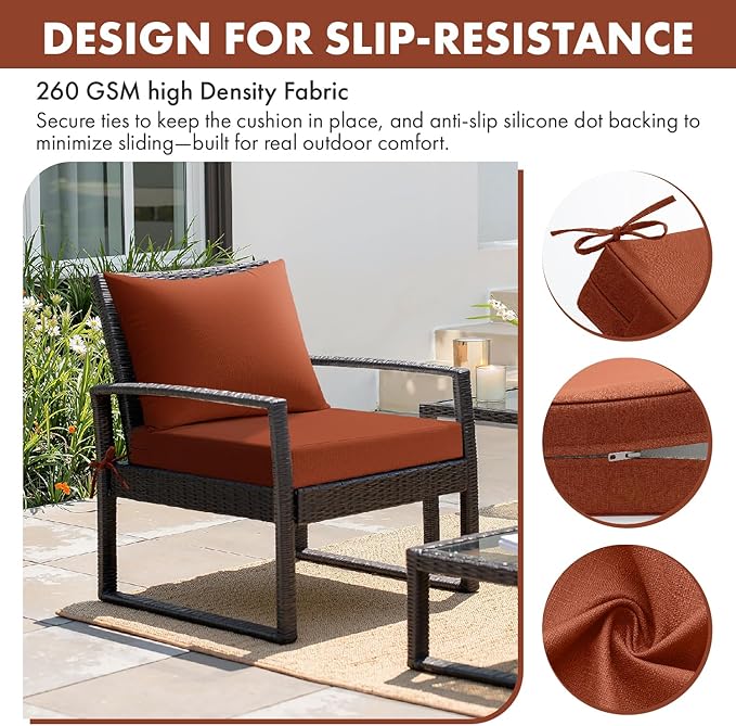 MIULEE Burnt Orange Outdoor Seat Cushion Set 24x24 Inch Linen Textured Waterproof & 3 Year Color Fastness Seat and Back Cushion with Ties No Slip Design for Patio Furniture Chair Sofa Couch