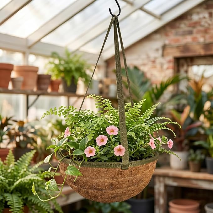 12 Inch Handmade Coco Fiber Hanging Basket 2 Pack - Plant Hanger for Outdoor Plants - Natural Boho Rustic Coconut Coir Compact Decorative Flower Pot Holder for Porch Patio Balcony Garden Yard