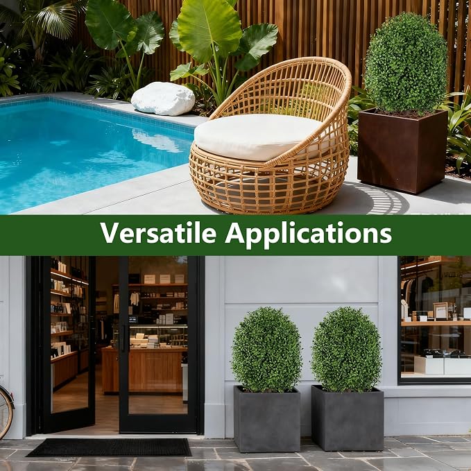 INSPRING Artificial Boxwood Topiary Trees Outdoor Fake Bushes Plants UV Resistant Evergreen Shrubs with Metal Ground Spike for Porch Patio Garden, 2 Pack