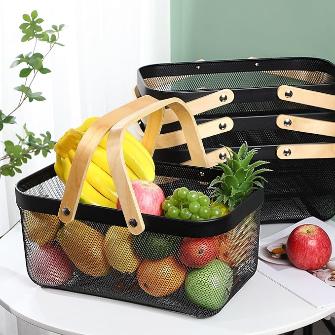 Sadnyy 4 Pcs Black Easter Metal Wire Storage Basket with Handle Mesh Harvest Durable Vegetables Fruit Toy Basket for Garden Organizing, Kitchen, Countertop, Closet, Bedroom (16 x 9.8 x 7.1 Inch)