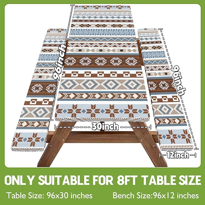 Fitted Picnic Table Cover with Bench Covers Fitted Rectangle Table Cloth Tablecloth Camping Gear Essentials Rv Accessories Road Trip Supplies Car Travel Must Have 8 Ft Foot Feet 96in Boho Bohemian