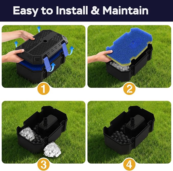 Pond Filter Pump with 4-Stage Filtration System | 35W 550GPH Submersible Pond Pump | Pond Filter Box for 350-500 Gal Outdoor Koi Fish Pond, Garden, Fountain, Waterfall & Water Feature