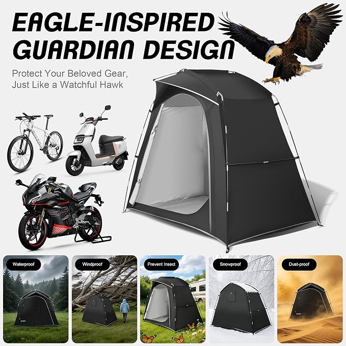 Bike Storage Tent Outdoor, Waterproof Bicycle Shed for 3-4 Bikes, PU4000 210D Oxford, Fiberglass Frame, Rain-Blocking Awning Design, Outdoor Storage for Bikes, Lawn Mower, Garden Tools Black