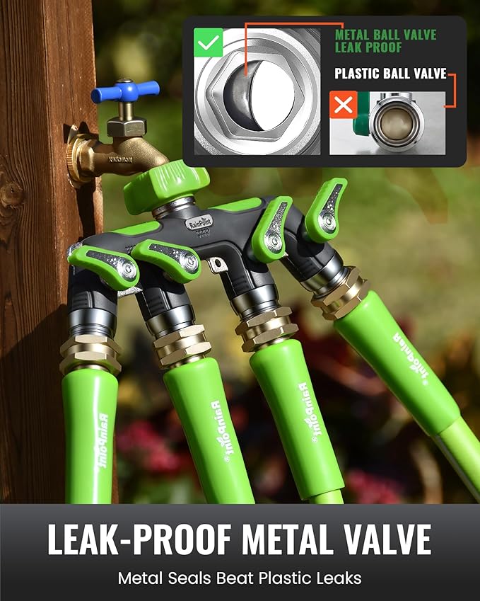 RAINPOINT 4 Way Garden Hose Splitter, 100% Metal Heavy Duty Water Hose Splitter with Individual Shut-Off Valves, 3/4" GHT High Flow Outdoor Faucet Splitter, 1.81" Extra Long Handle (Green)